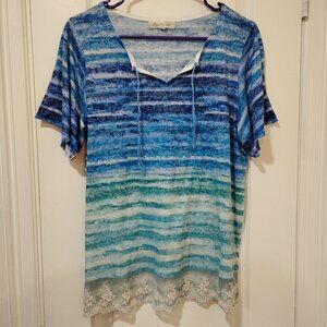 Casual Express Blue Tye Dye Floral Lace Blouse Size Medium Women’s
